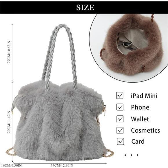 Furry Purse Winter Fluffy Bags Light Grey - Picture 4 of 4